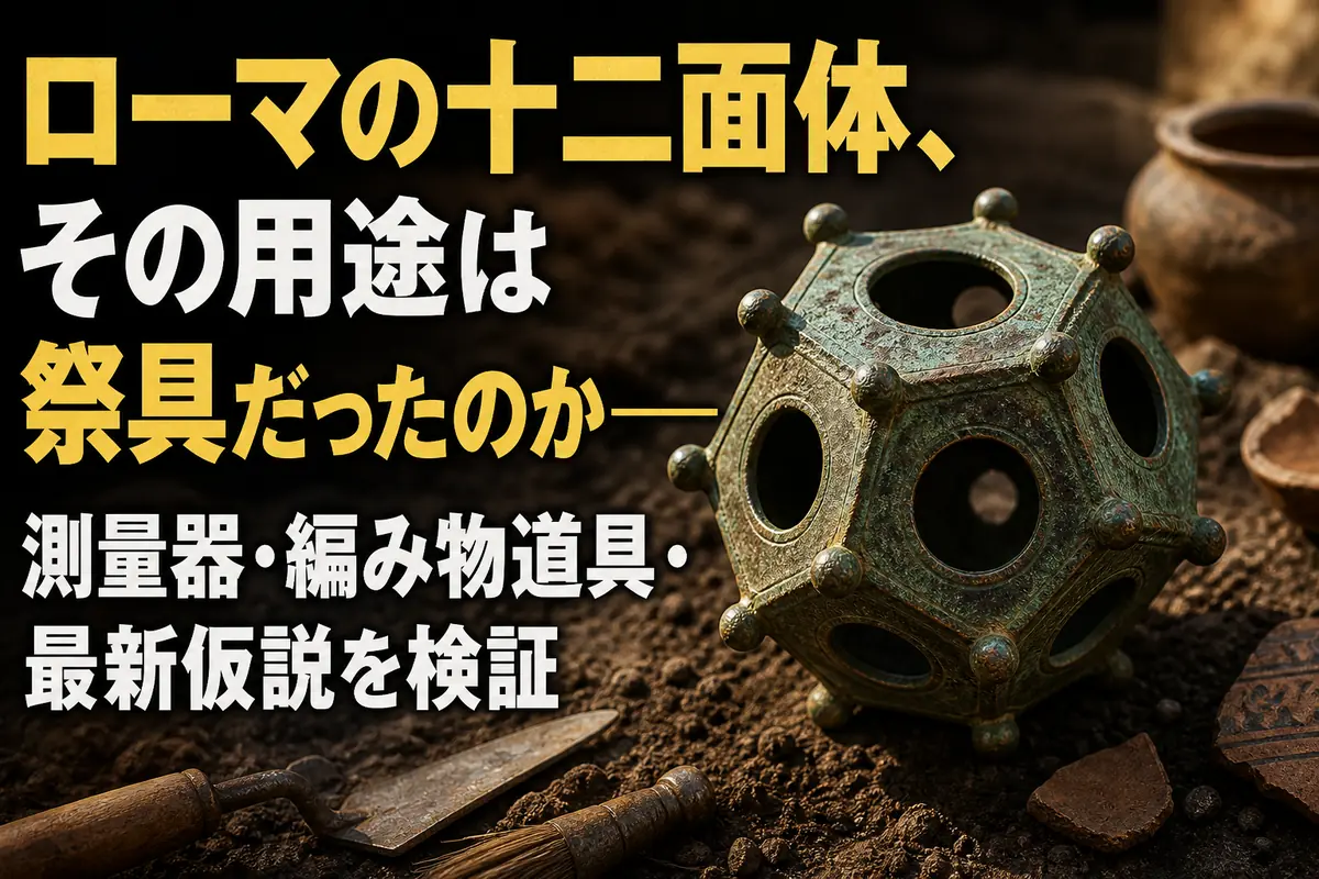 発掘土の上に置かれた青銅製のローマの十二面体。
