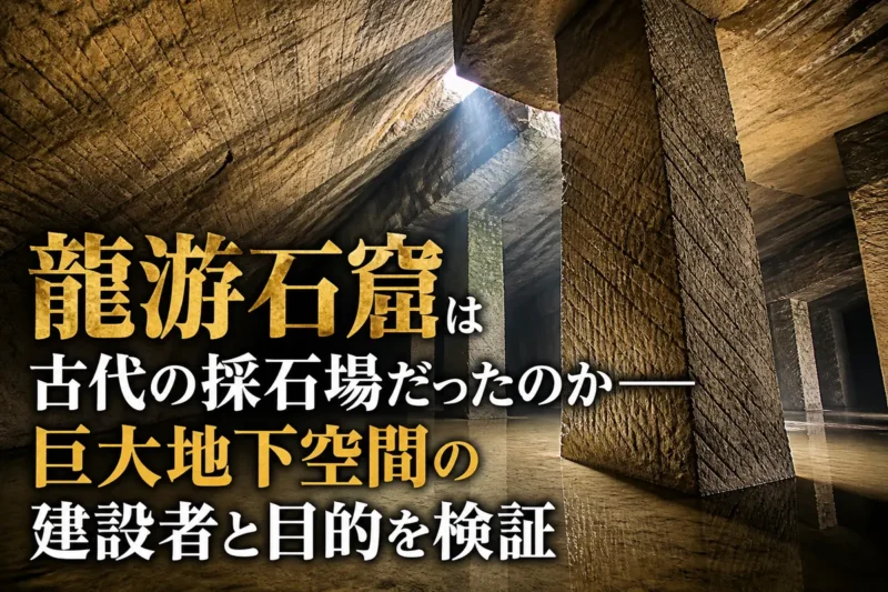斜めの鑿跡が残る龍游石窟の巨大な地下空間。