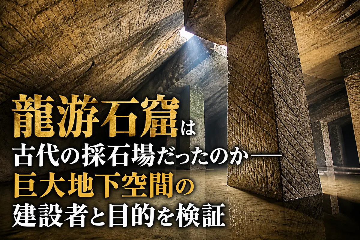 斜めの鑿跡が残る龍游石窟の巨大な地下空間。