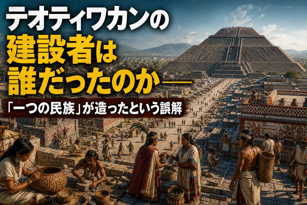 最盛期のテオティワカンで多様な住民が暮らす古代都市の復元風景。