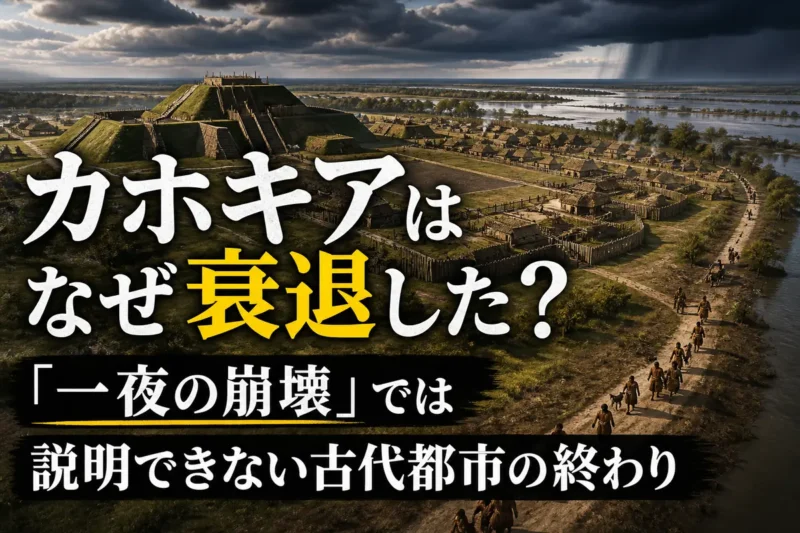 洪水原に築かれたカホキアのマウンド群と都市を離れる人々の復元イメージ。