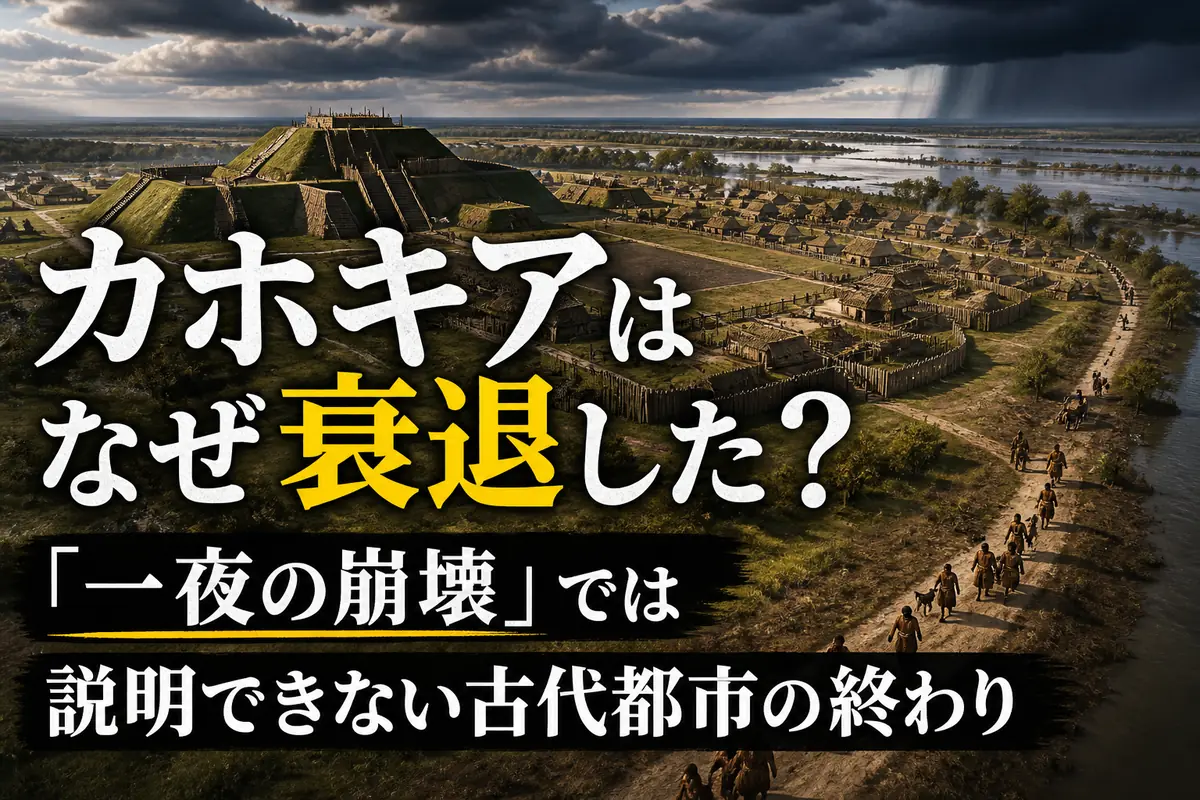 洪水原に築かれたカホキアのマウンド群と都市を離れる人々の復元イメージ。