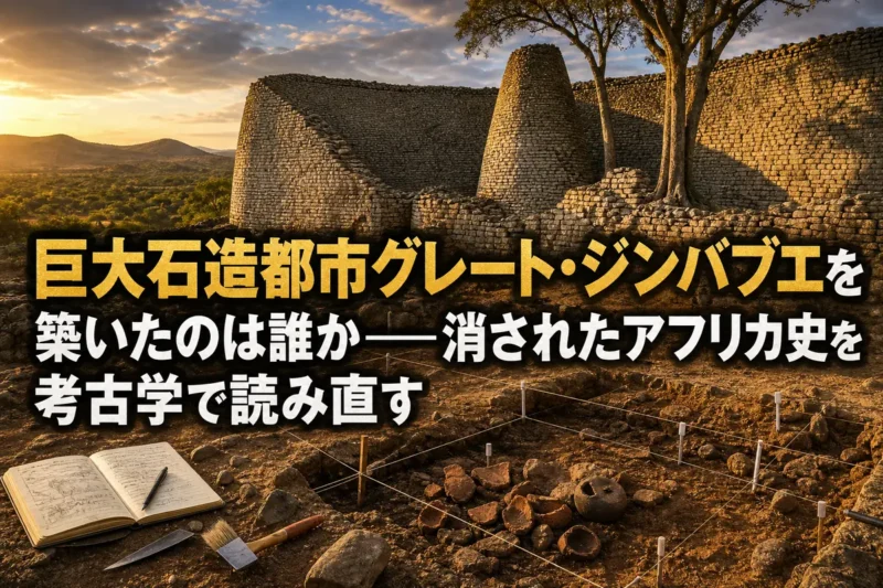 夕日に照らされたグレート・ジンバブエの乾式石積みの城壁と円錐塔。