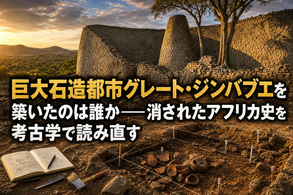 夕日に照らされたグレート・ジンバブエの乾式石積みの城壁と円錐塔。