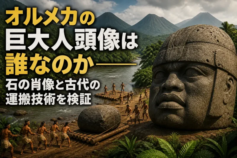 オルメカの巨大人頭像と玄武岩を運ぶ古代の人々を描いたイメージ。