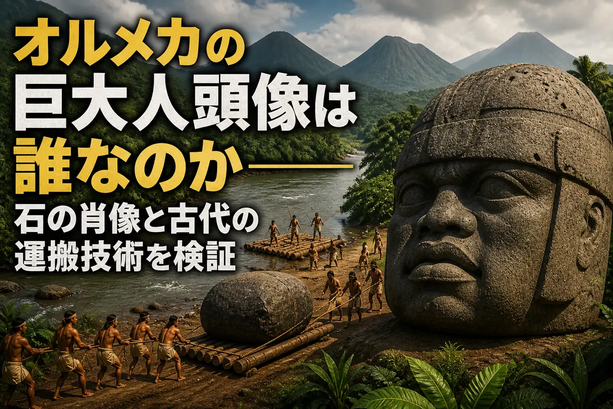オルメカの巨大人頭像と玄武岩を運ぶ古代の人々を描いたイメージ。