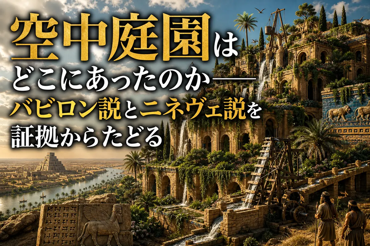 古代メソポタミアの段状庭園と灌漑設備を再現した風景。