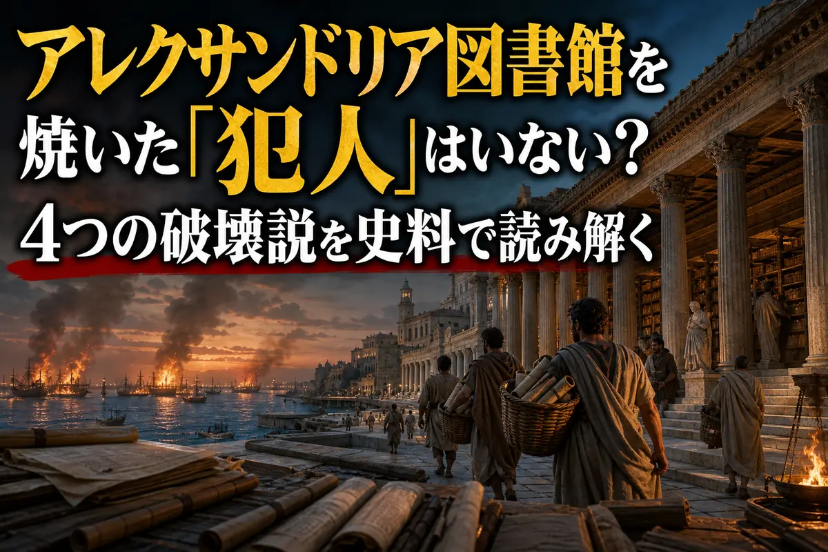 古代アレクサンドリアの書庫と、遠くで船が燃える港を描いたイメージ。